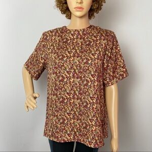 Vintage QUO-SILK 100% Silk Blouse Floral Shoulder Pads Size Small